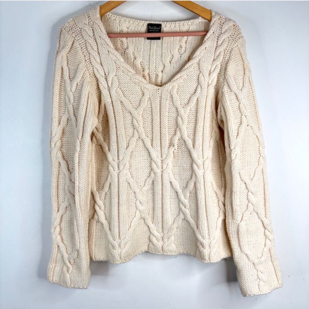 VTG Paul James 100% Wool Cable Knit Sweater L Cream Ivory Fisherman Old Money